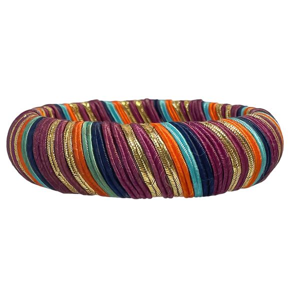 1980s Purple Turquoise Coral Navy Gold Wrapped Fabric Cord Bangle Bracelet - Picture 1 of 5